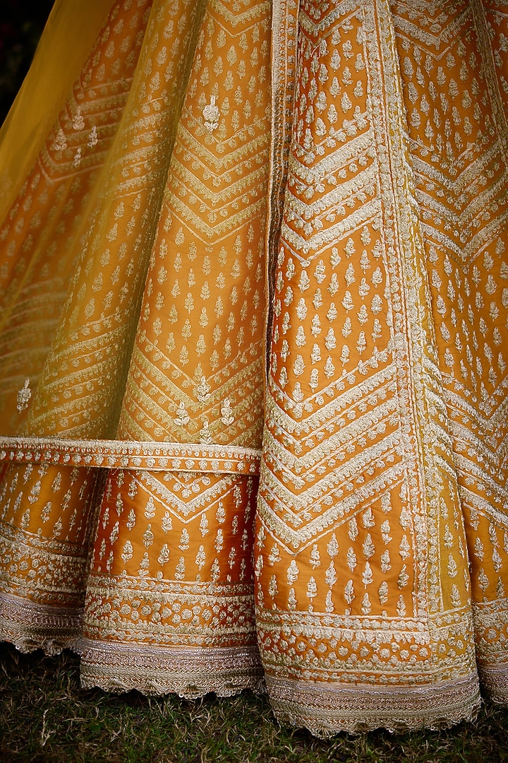 Apricot Yellow Raw Silk Zari Dori Embroidered Wedding Lehenga Set by Shyam Narayan Prasad at Pernia's Pop Up Shop