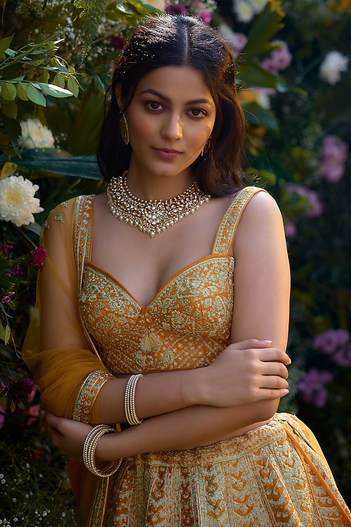 Apricot Yellow Raw Silk Zari Dori Embroidered Wedding Lehenga Set by Shyam Narayan Prasad at Pernia's Pop Up Shop