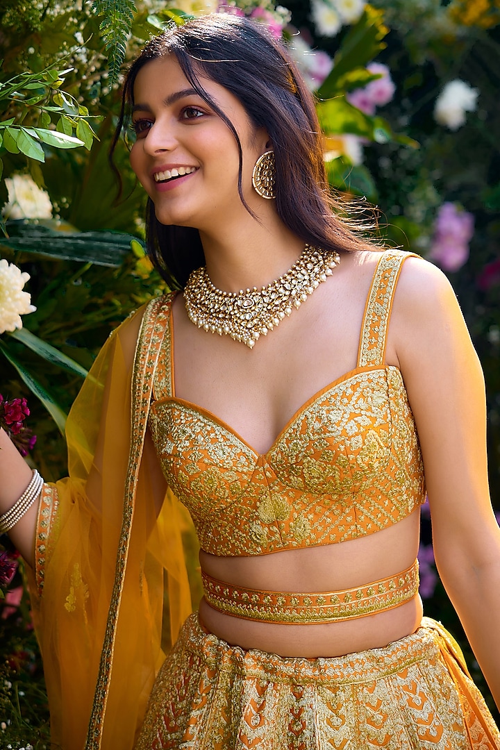 Apricot Yellow Raw Silk Zari Dori Embroidered Wedding Lehenga Set by Shyam Narayan Prasad at Pernia's Pop Up Shop