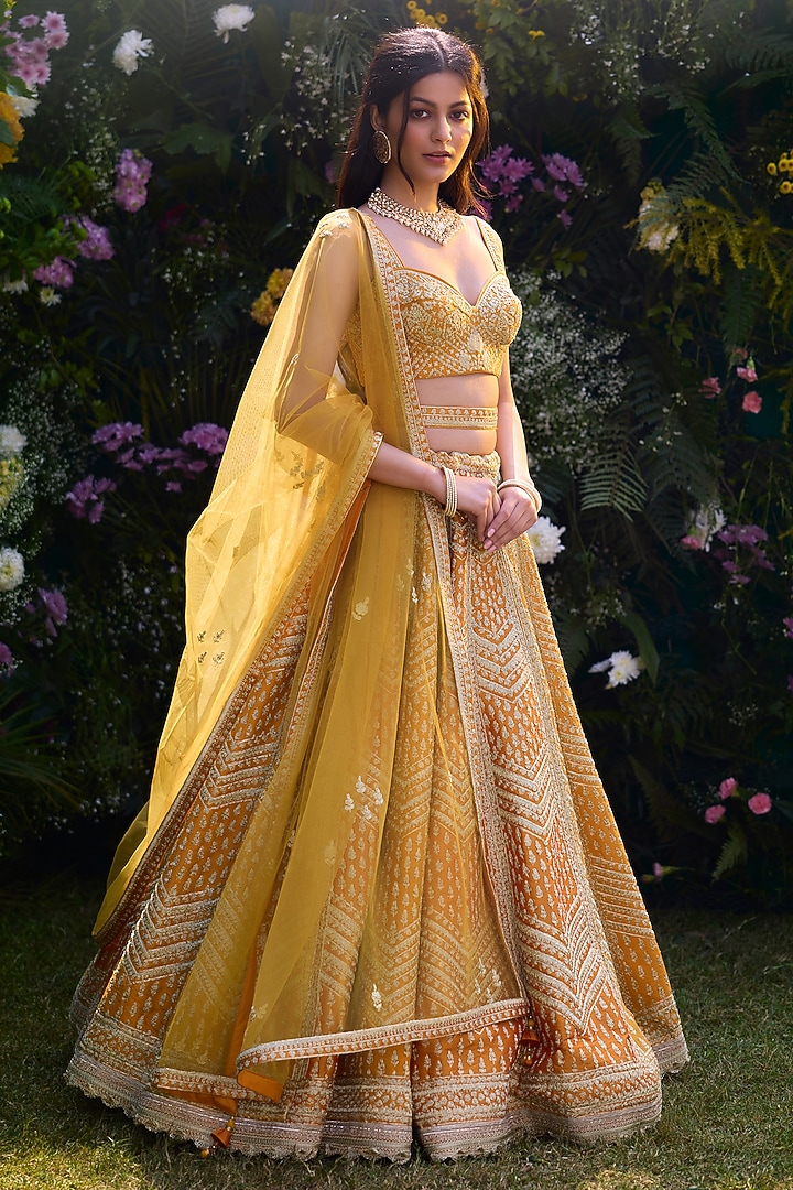 Apricot Yellow Raw Silk Zari Dori Embroidered Wedding Lehenga Set by Shyam Narayan Prasad at Pernia's Pop Up Shop
