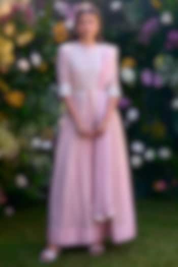 Whisper Pink Chanderi Brocade Thread Embroidered Wedding Anarkali Set by Shyam Narayan Prasad at Pernia's Pop Up Shop