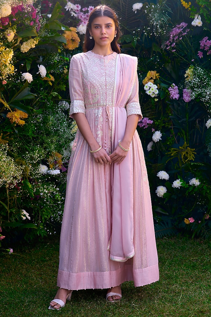 Whisper Pink Chanderi Brocade Thread Embroidered Wedding Anarkali Set by Shyam Narayan Prasad at Pernia's Pop Up Shop