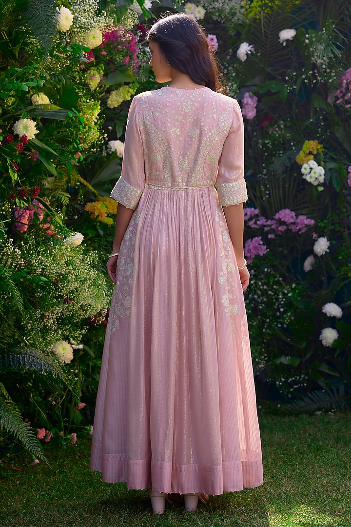 Whisper Pink Chanderi Brocade Thread Embroidered Wedding Anarkali Set by Shyam Narayan Prasad at Pernia's Pop Up Shop