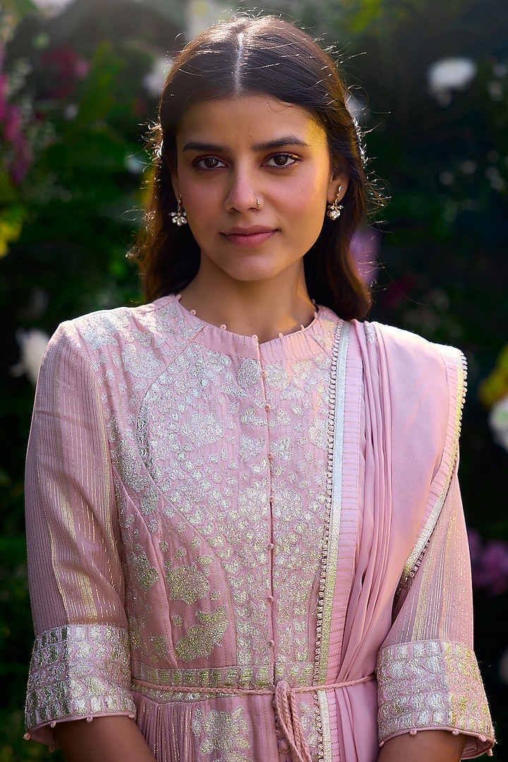 Whisper Pink Chanderi Brocade Thread Embroidered Wedding Anarkali Set by Shyam Narayan Prasad at Pernia's Pop Up Shop