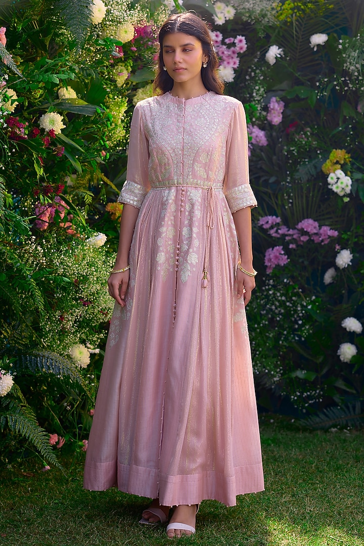 Whisper Pink Chanderi Brocade Thread Embroidered Wedding Anarkali Set by Shyam Narayan Prasad at Pernia's Pop Up Shop