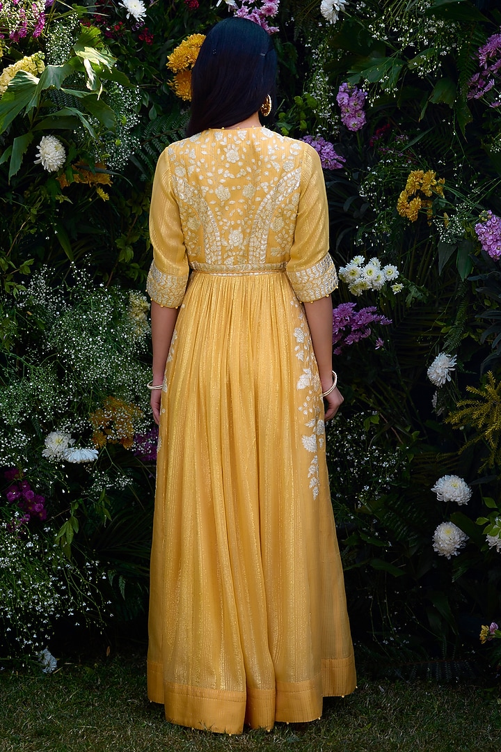 Saffron Chanderi Brocade Thread Embroidered Wedding Anarkali Set by Shyam Narayan Prasad at Pernia's Pop Up Shop
