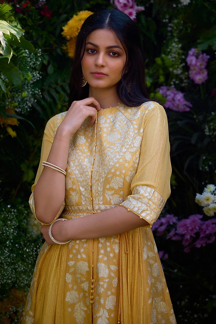 Saffron Chanderi Brocade Thread Embroidered Wedding Anarkali Set by Shyam Narayan Prasad at Pernia's Pop Up Shop