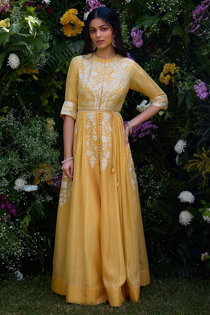 Saffron Chanderi Brocade Thread Embroidered Wedding Anarkali Set by Shyam Narayan Prasad at Pernia's Pop Up Shop