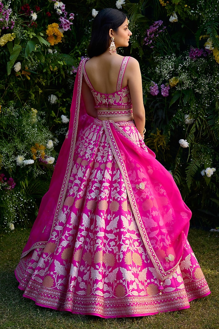 Fuchsia Pink Raw Silk Thread Embroidered Wedding Lehenga Set by Shyam Narayan Prasad at Pernia's Pop Up Shop