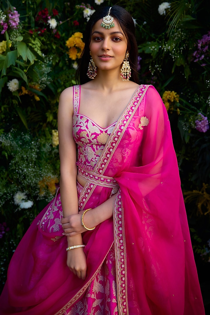 Fuchsia Pink Raw Silk Thread Embroidered Wedding Lehenga Set by Shyam Narayan Prasad at Pernia's Pop Up Shop
