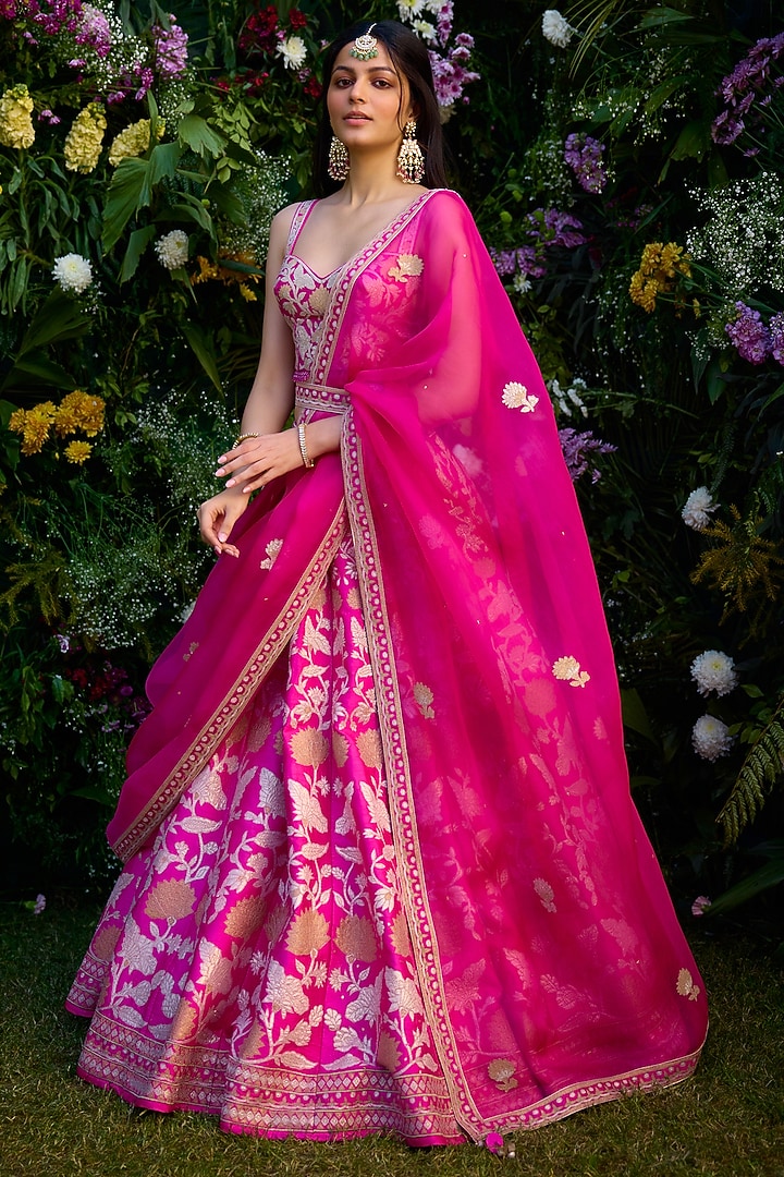 Fuchsia Pink Raw Silk Thread Embroidered Wedding Lehenga Set by Shyam Narayan Prasad at Pernia's Pop Up Shop