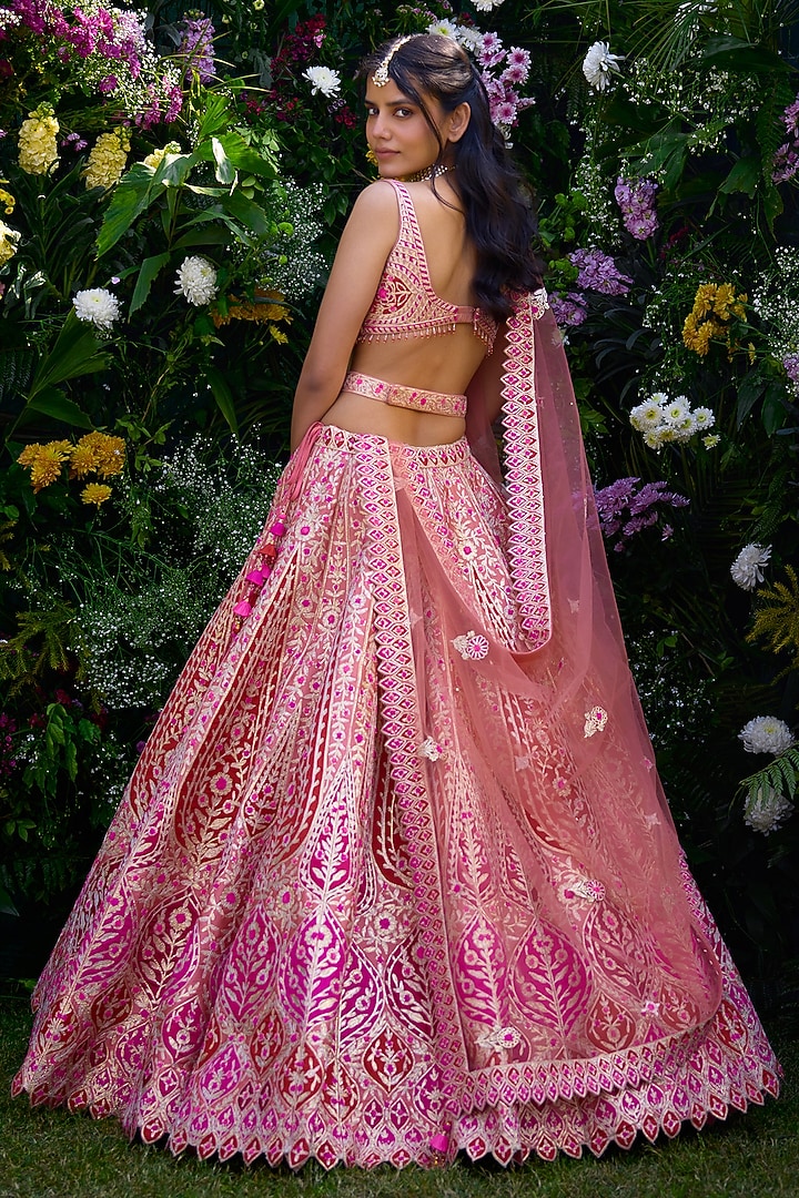 Peach Pink & Ribbon Red Raw Silk Gota Thread Embroidered Wedding Lehenga Set by Shyam Narayan Prasad at Pernia's Pop Up Shop