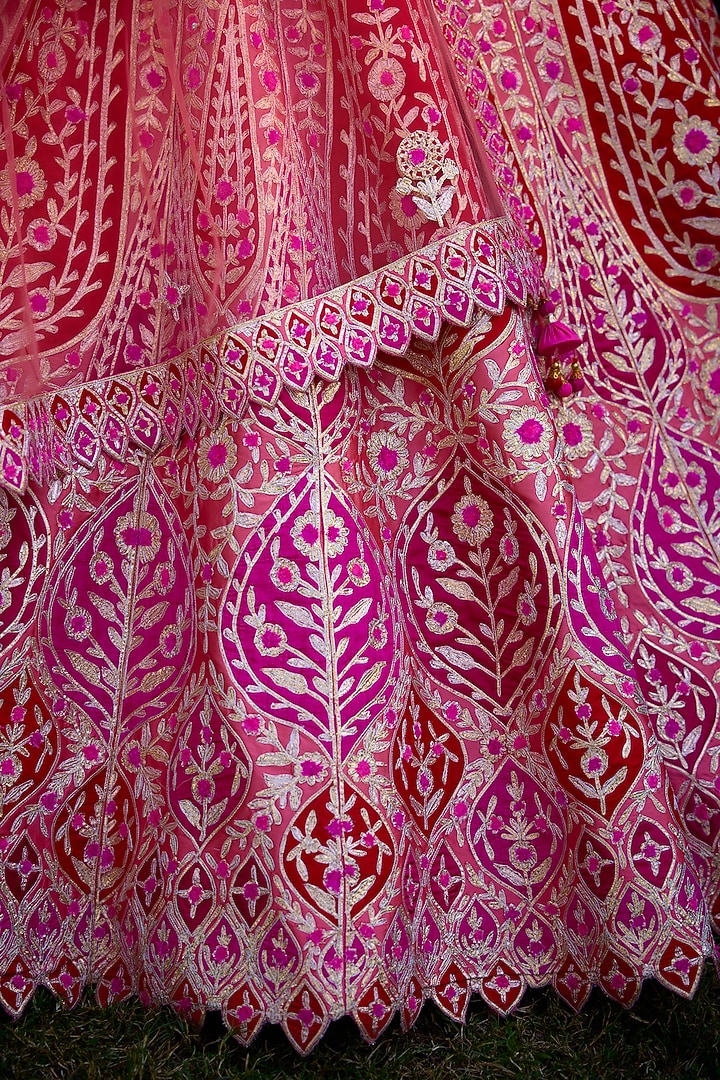 Peach Pink & Ribbon Red Raw Silk Gota Thread Embroidered Wedding Lehenga Set by Shyam Narayan Prasad at Pernia's Pop Up Shop