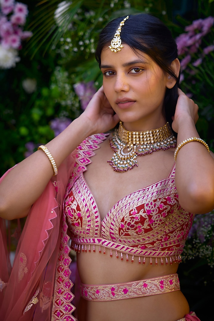 Peach Pink & Ribbon Red Raw Silk Gota Thread Embroidered Wedding Lehenga Set by Shyam Narayan Prasad at Pernia's Pop Up Shop
