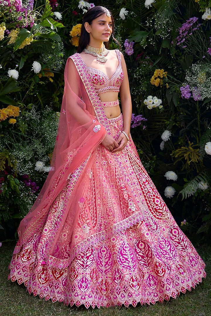 Peach Pink & Ribbon Red Raw Silk Gota Thread Embroidered Wedding Lehenga Set by Shyam Narayan Prasad at Pernia's Pop Up Shop
