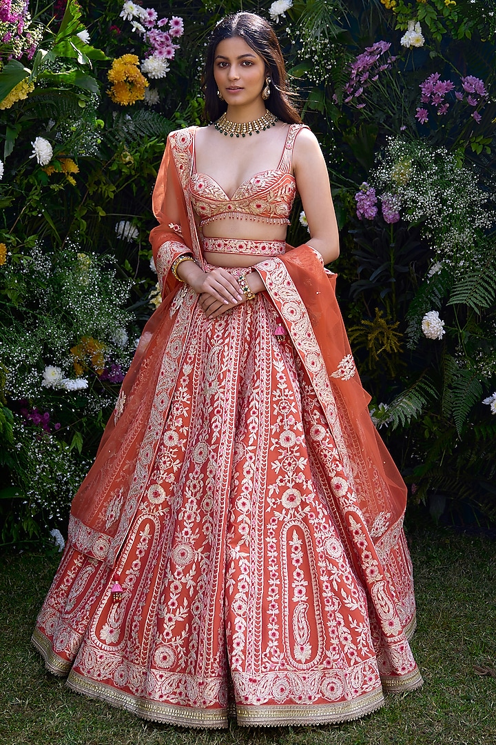 Vermillion Orange Raw Silk Thread Embroidered Wedding Lehenga Set by Shyam Narayan Prasad at Pernia's Pop Up Shop