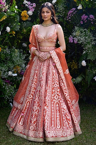 Vermillion Orange Raw Silk Thread Embroidered Lehenga Set by Shyam Narayan Prasad