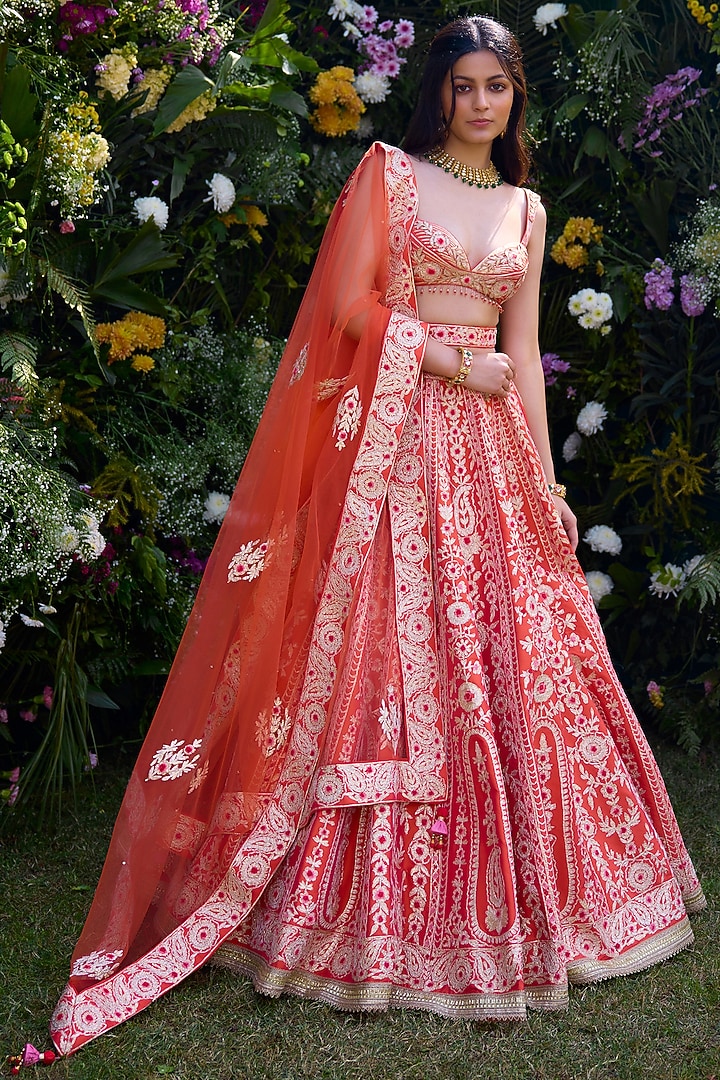 Vermillion Orange Raw Silk Thread Embroidered Wedding Lehenga Set by Shyam Narayan Prasad at Pernia's Pop Up Shop