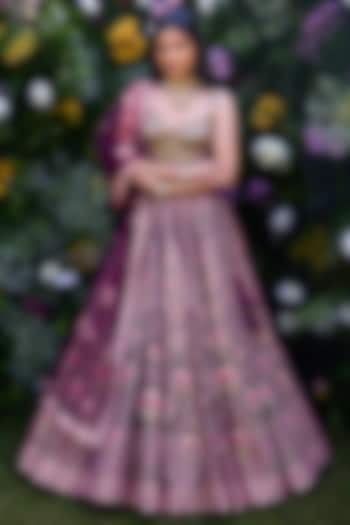 Raspberry Purple Raw Silk Thread Embroidered Wedding Lehenga Set by Shyam Narayan Prasad at Pernia's Pop Up Shop