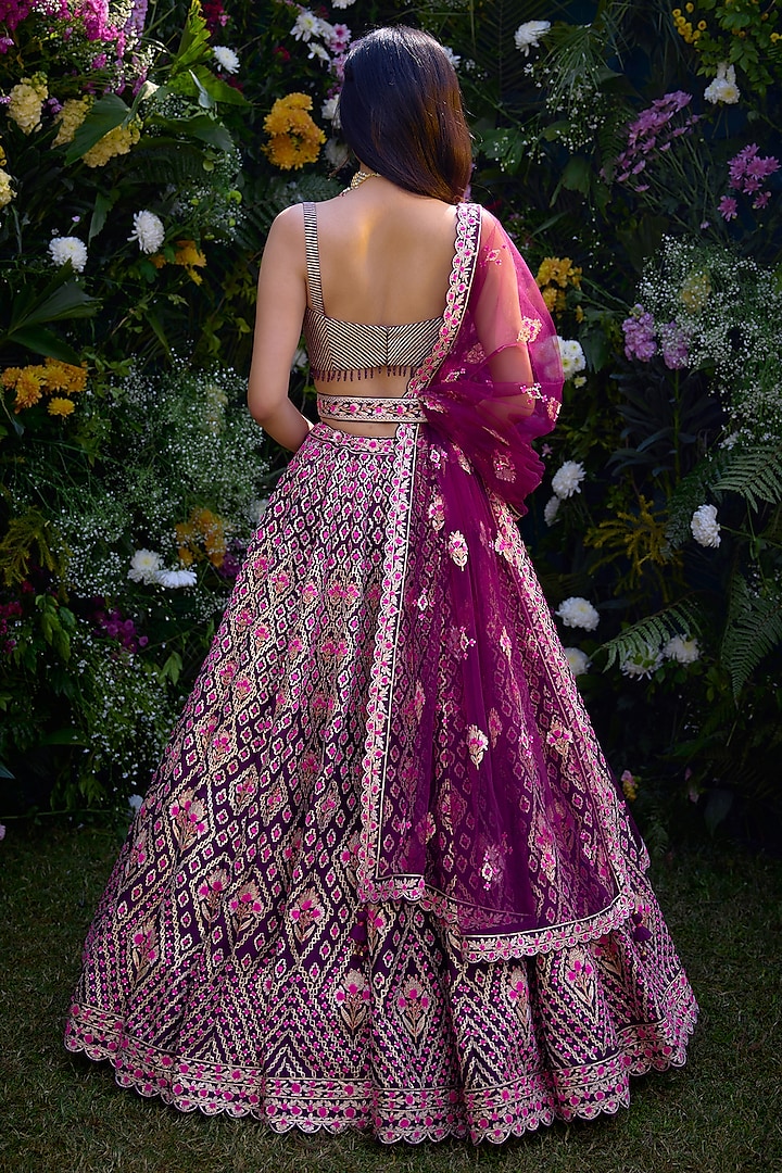 Raspberry Purple Raw Silk Thread Embroidered Wedding Lehenga Set by Shyam Narayan Prasad at Pernia's Pop Up Shop