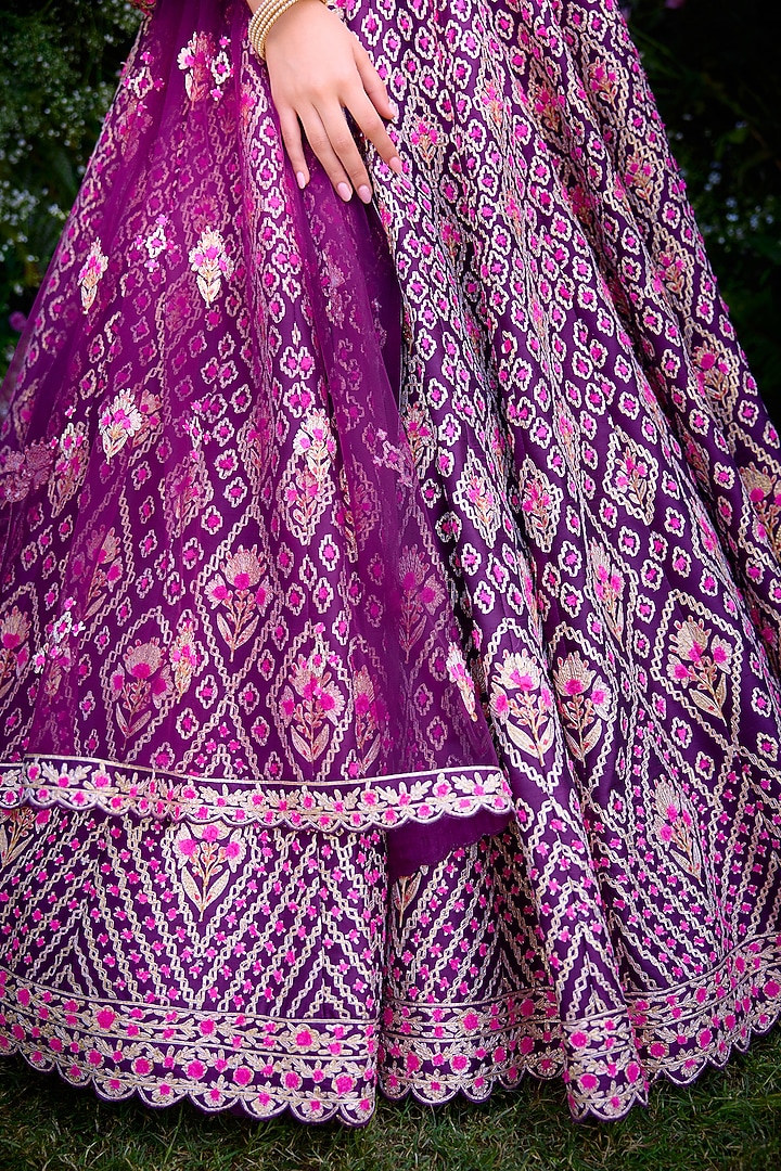 Raspberry Purple Raw Silk Thread Embroidered Wedding Lehenga Set by Shyam Narayan Prasad at Pernia's Pop Up Shop