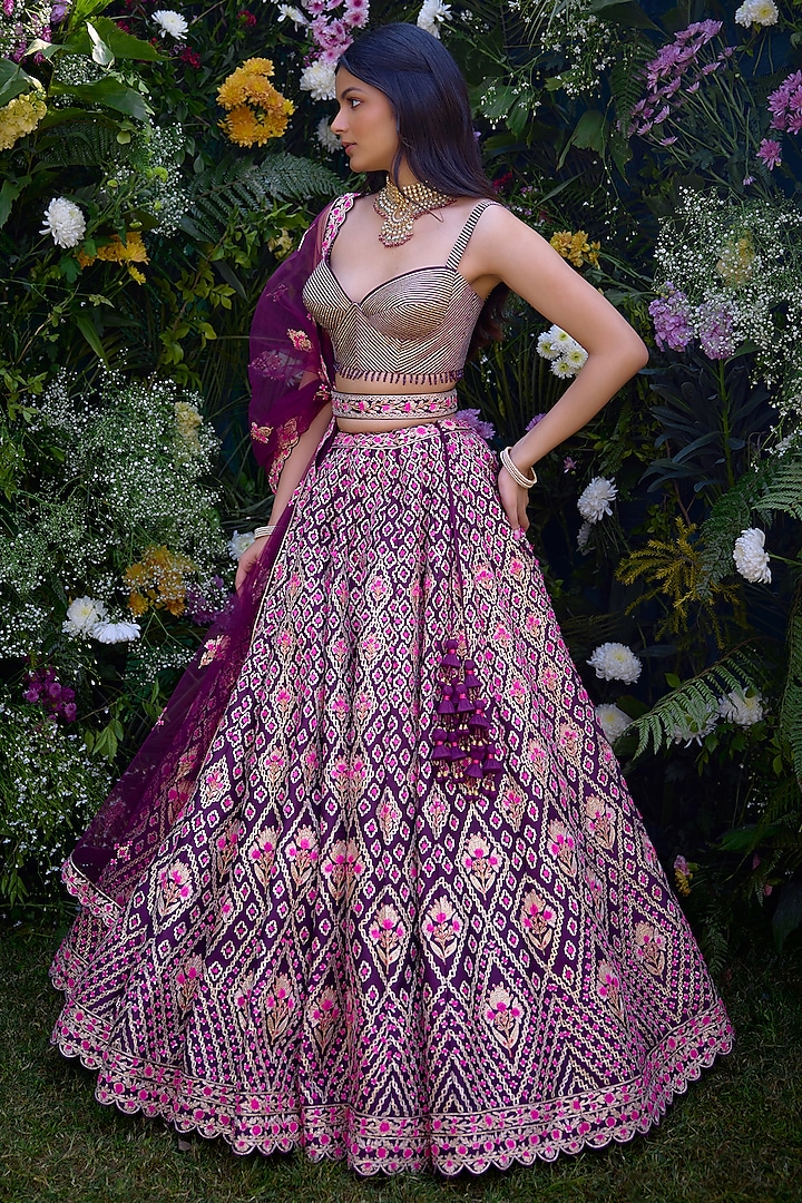 Raspberry Purple Raw Silk Thread Embroidered Wedding Lehenga Set by Shyam Narayan Prasad at Pernia's Pop Up Shop