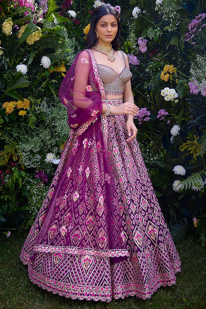 Raspberry Purple Raw Silk Thread Embroidered Wedding Lehenga Set by Shyam Narayan Prasad at Pernia's Pop Up Shop