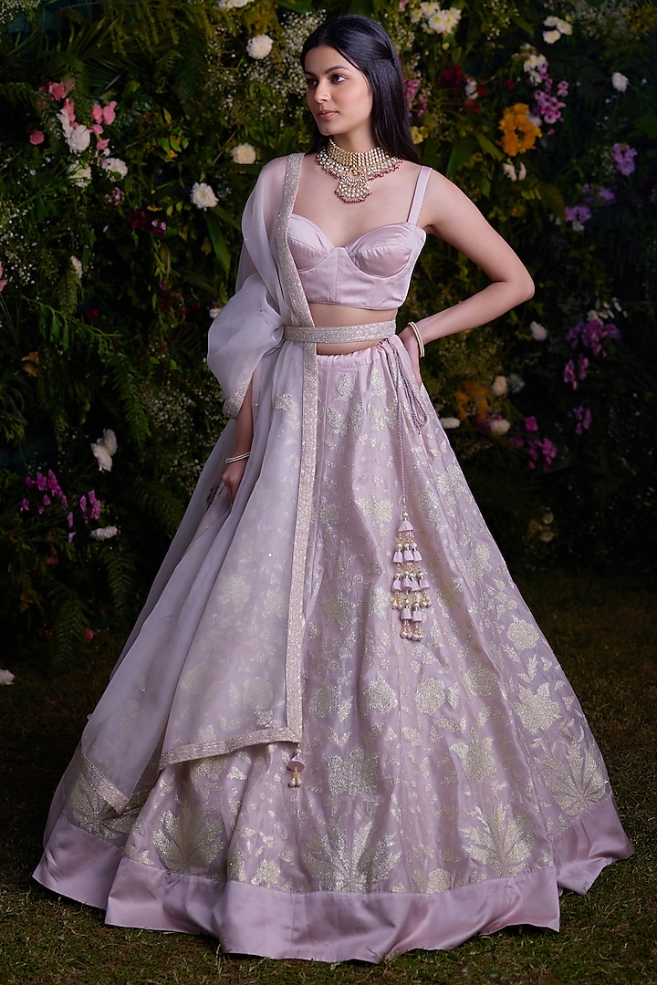 Silver Grey Silk Chanderi & Satin Thread Embroidered Wedding Lehenga Set by Shyam Narayan Prasad at Pernia's Pop Up Shop