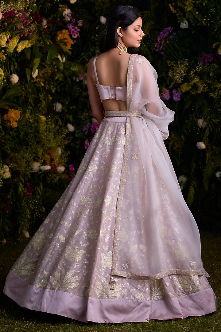 Silver Grey Silk Chanderi & Satin Thread Embroidered Wedding Lehenga Set by Shyam Narayan Prasad at Pernia's Pop Up Shop