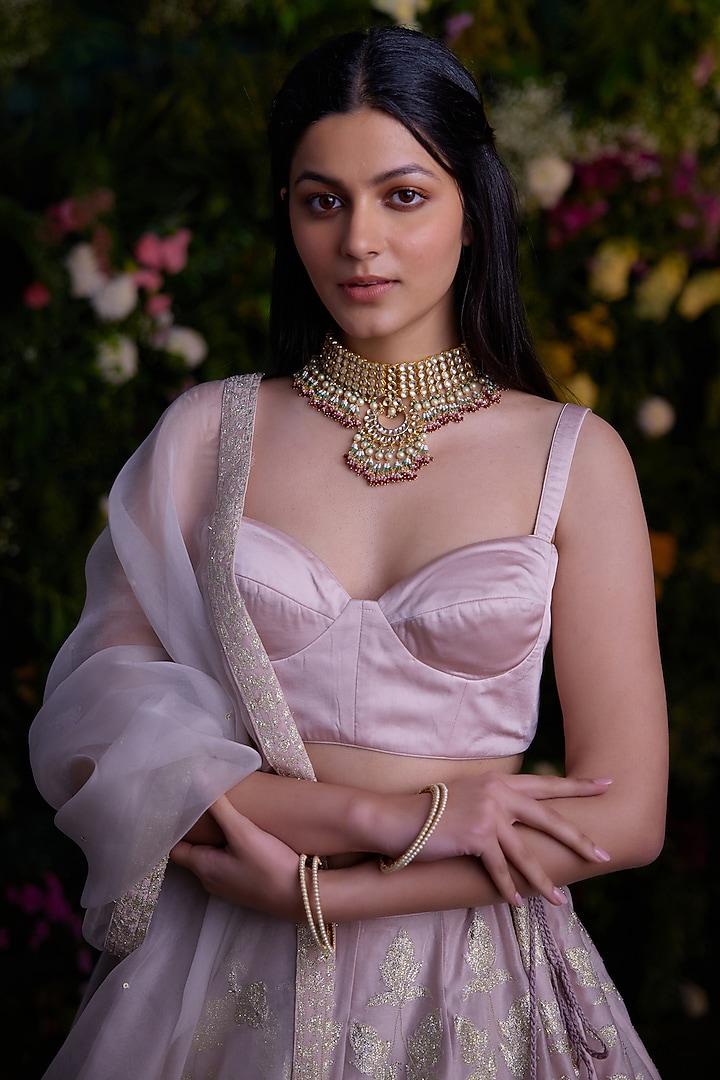 Silver Grey Silk Chanderi & Satin Thread Embroidered Wedding Lehenga Set by Shyam Narayan Prasad at Pernia's Pop Up Shop
