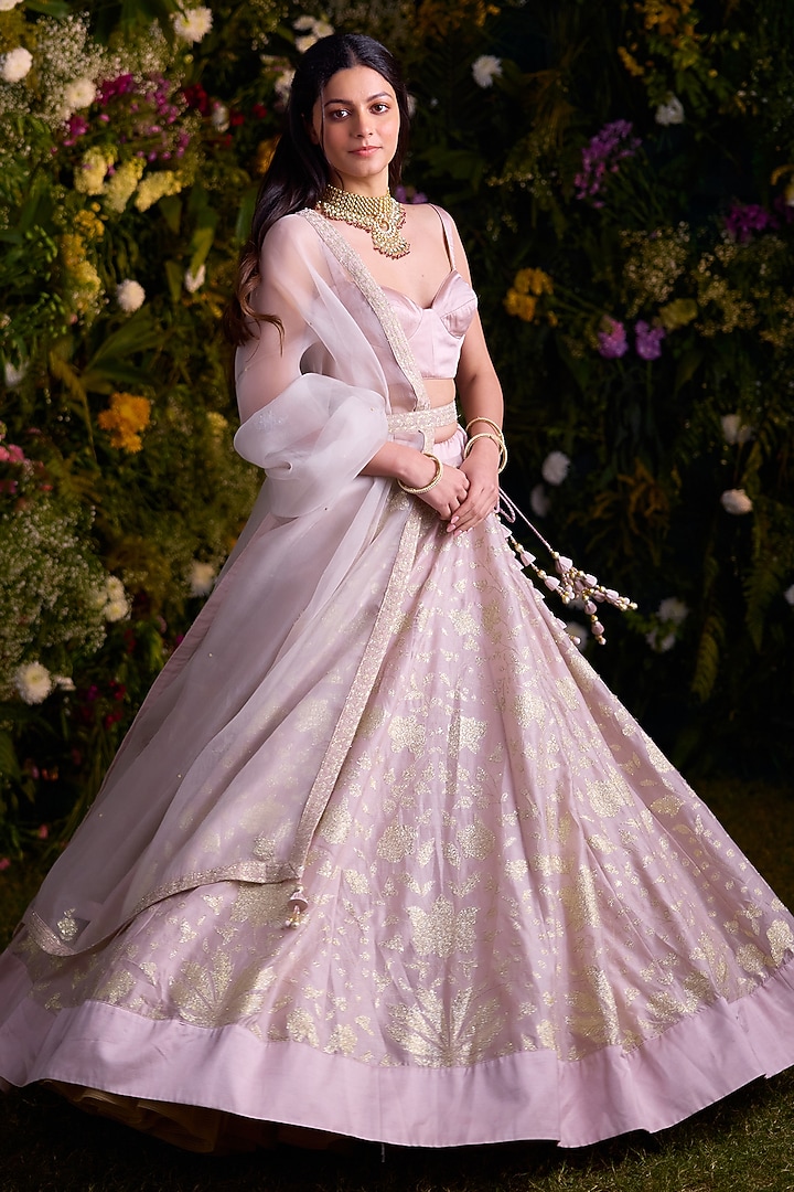 Silver Grey Silk Chanderi & Satin Thread Embroidered Wedding Lehenga Set by Shyam Narayan Prasad at Pernia's Pop Up Shop