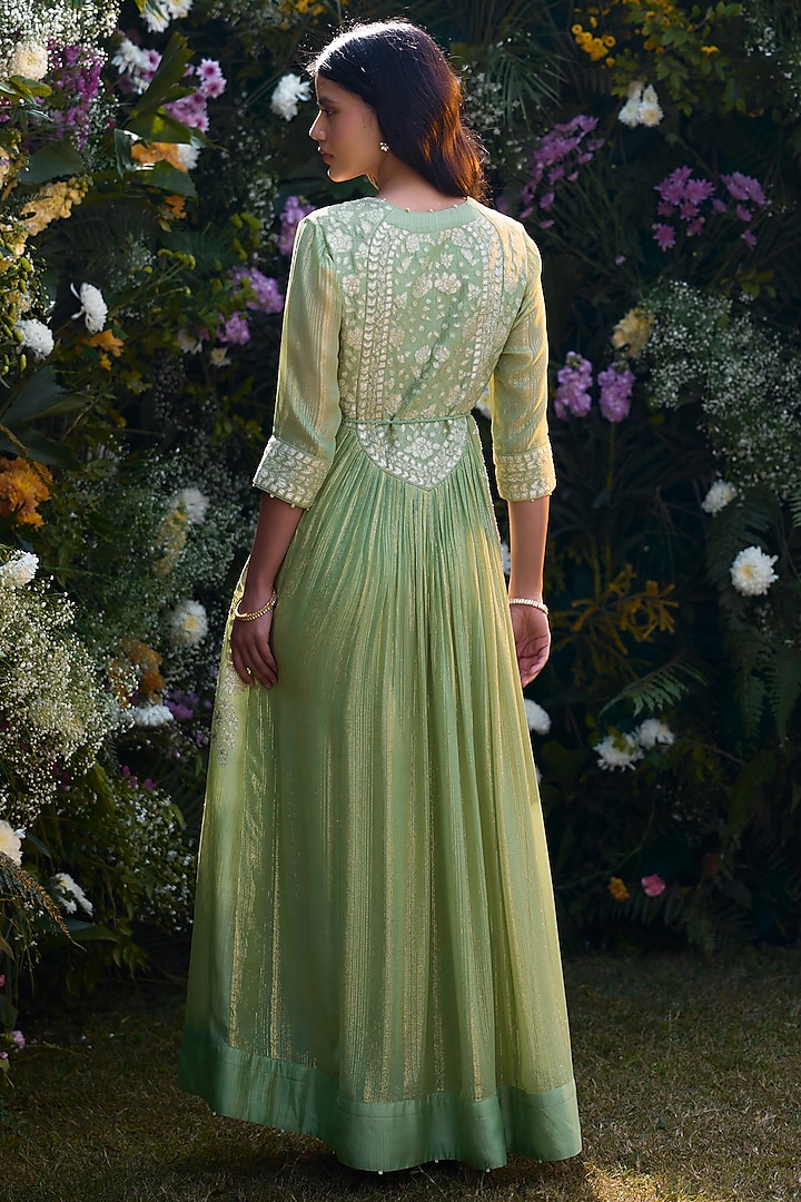 Mist Green Chanderi Brocade Thread Embroidered Wedding Anarkali Set by Shyam Narayan Prasad at Pernia's Pop Up Shop