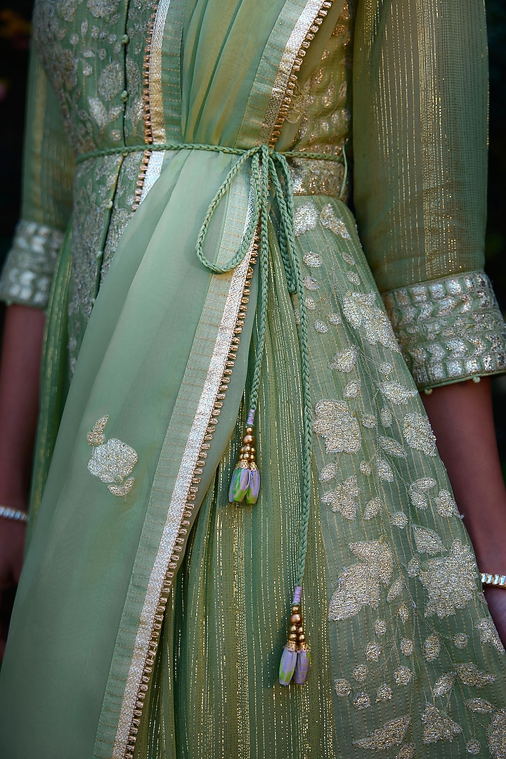 Mist Green Chanderi Brocade Thread Embroidered Wedding Anarkali Set by Shyam Narayan Prasad at Pernia's Pop Up Shop