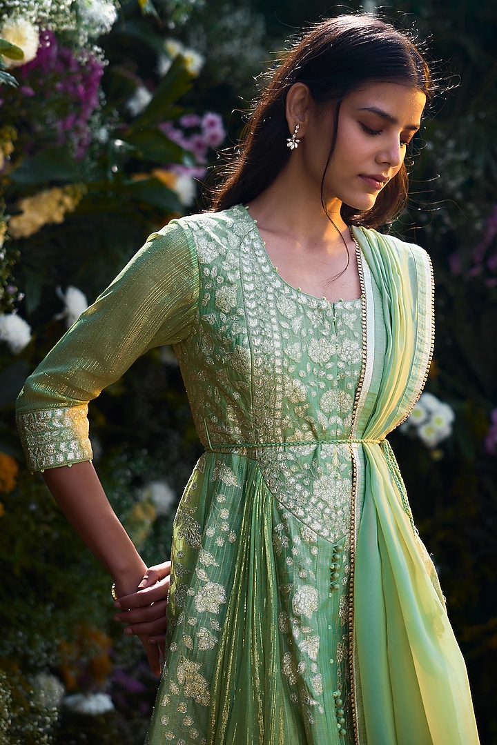 Mist Green Chanderi Brocade Thread Embroidered Wedding Anarkali Set by Shyam Narayan Prasad at Pernia's Pop Up Shop