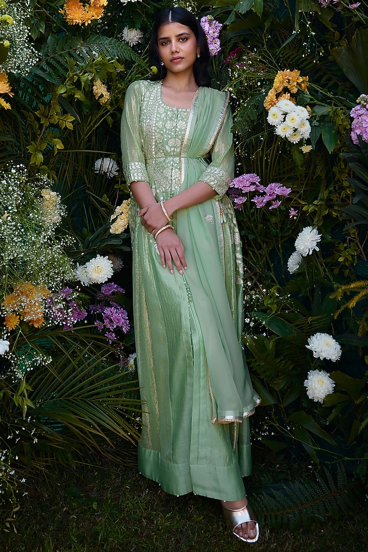 Mist Green Chanderi Brocade Thread Embroidered Wedding Anarkali Set by Shyam Narayan Prasad at Pernia's Pop Up Shop