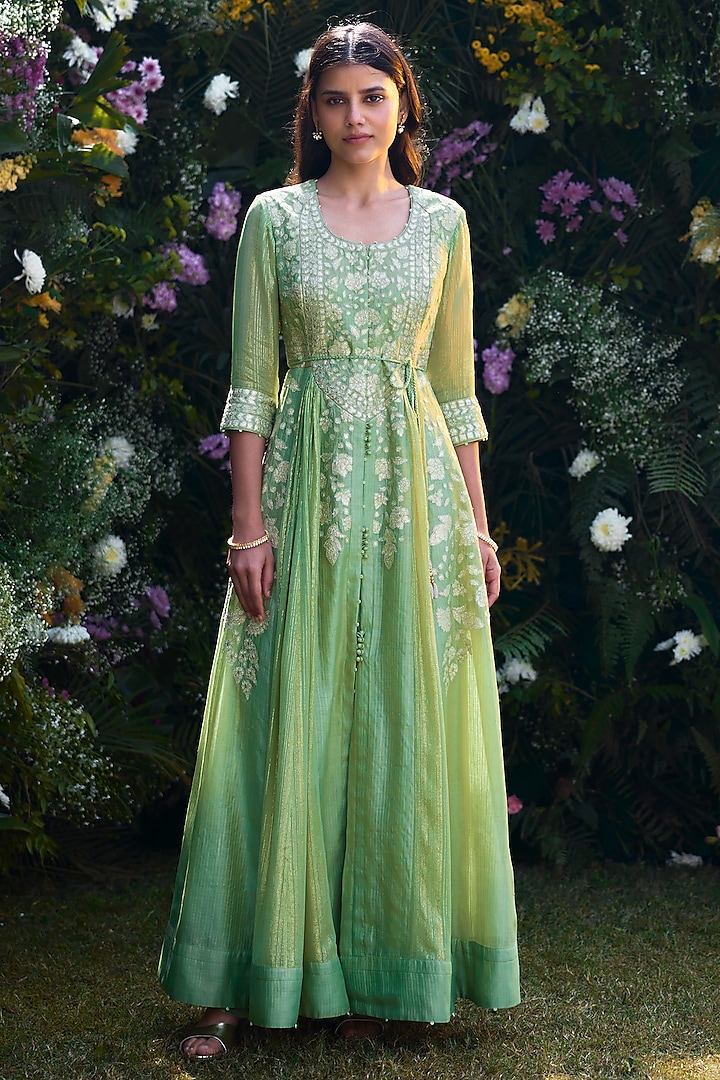 Mist Green Chanderi Brocade Thread Embroidered Wedding Anarkali Set by Shyam Narayan Prasad at Pernia's Pop Up Shop