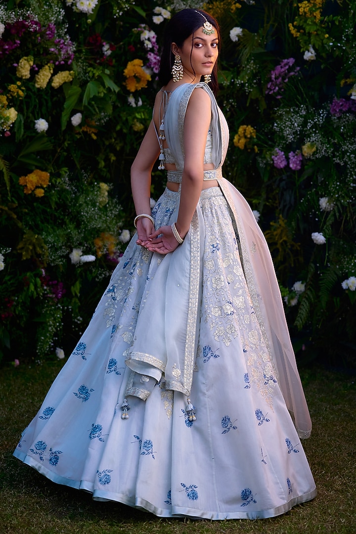 Illusion Blue Silk Chanderi & Satin Thread Embroidered Wedding Lehenga Set by Shyam Narayan Prasad at Pernia's Pop Up Shop