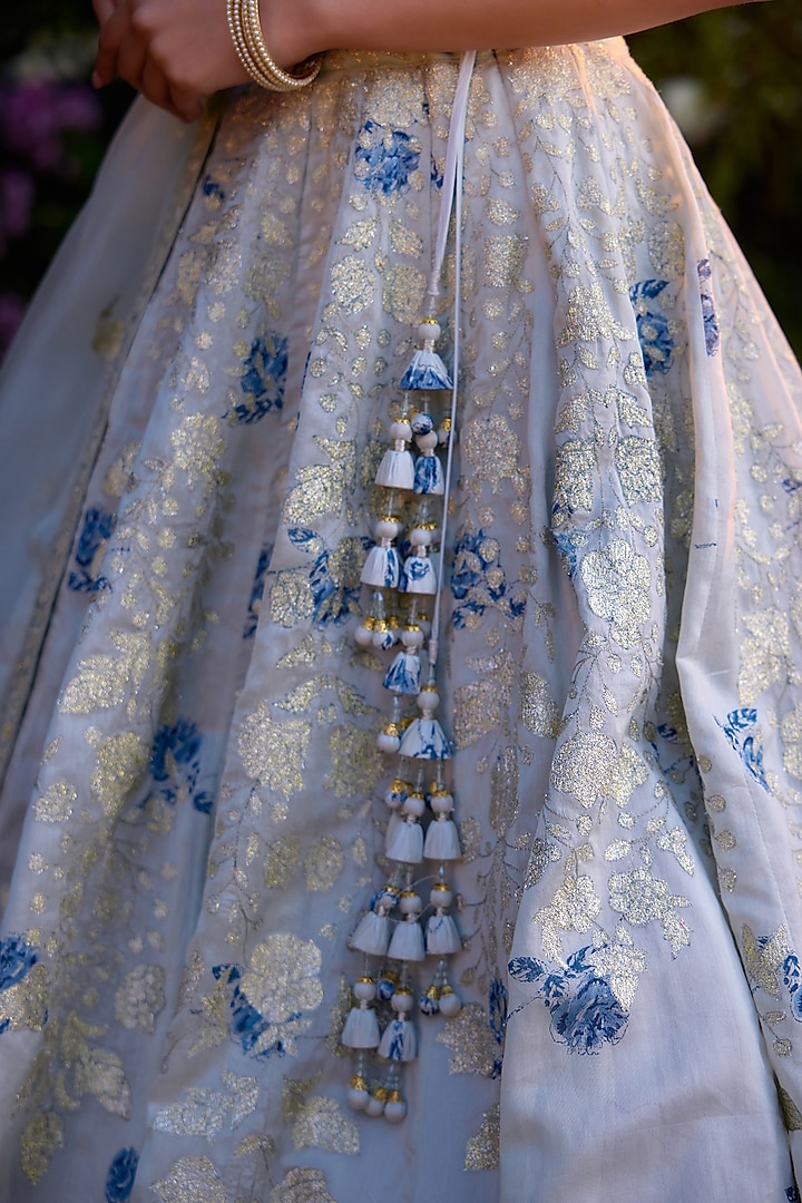 Illusion Blue Silk Chanderi & Satin Thread Embroidered Wedding Lehenga Set by Shyam Narayan Prasad at Pernia's Pop Up Shop