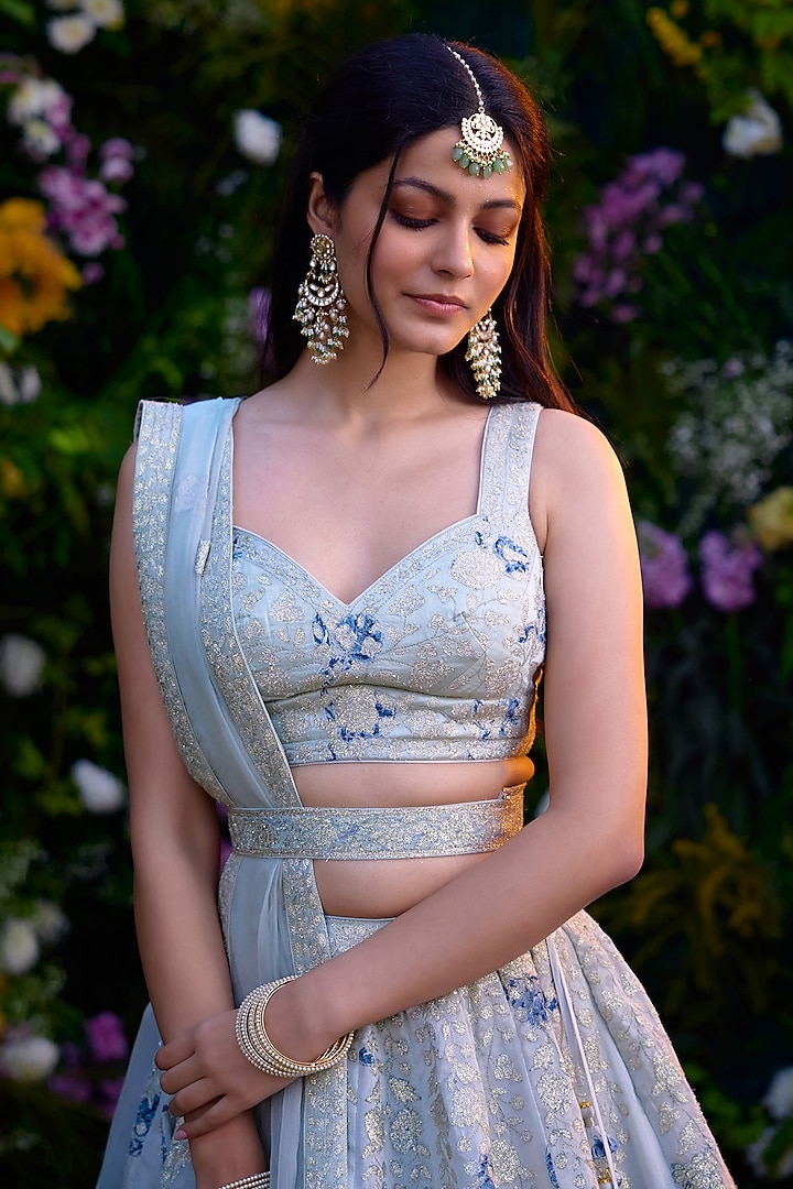 Illusion Blue Silk Chanderi & Satin Thread Embroidered Wedding Lehenga Set by Shyam Narayan Prasad at Pernia's Pop Up Shop