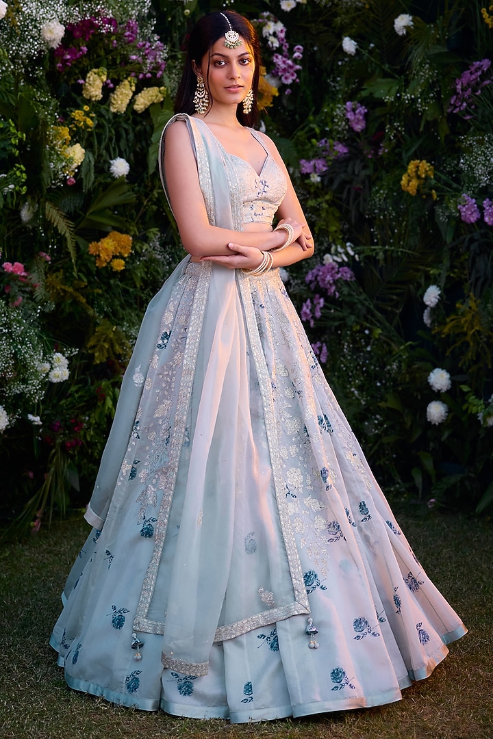 Illusion Blue Silk Chanderi & Satin Thread Embroidered Wedding Lehenga Set by Shyam Narayan Prasad at Pernia's Pop Up Shop