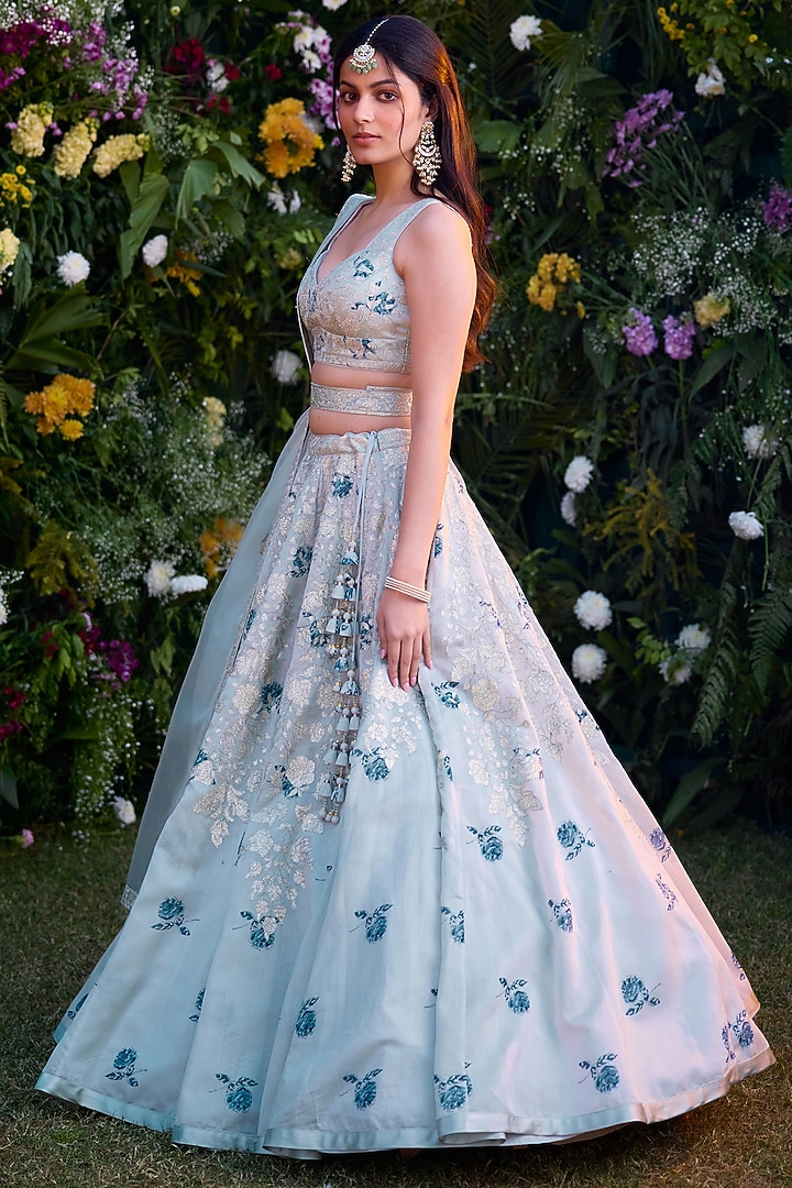 Illusion Blue Silk Chanderi & Satin Thread Embroidered Wedding Lehenga Set by Shyam Narayan Prasad at Pernia's Pop Up Shop