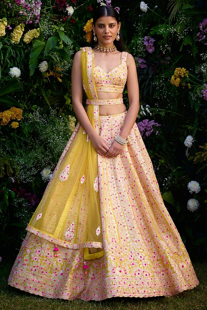 Spectra Yellow Raw Silk Thread Embroidered Wedding Lehenga Set by Shyam Narayan Prasad at Pernia's Pop Up Shop