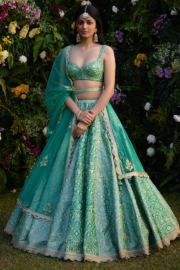 Vivid Green Raw Silk Zari Dori Embroidered Wedding Lehenga Set by Shyam Narayan Prasad at Pernia's Pop Up Shop