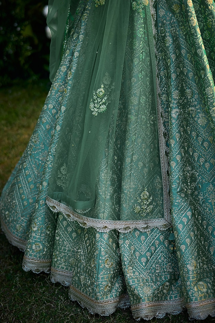 Vivid Green Raw Silk Zari Dori Embroidered Wedding Lehenga Set by Shyam Narayan Prasad at Pernia's Pop Up Shop