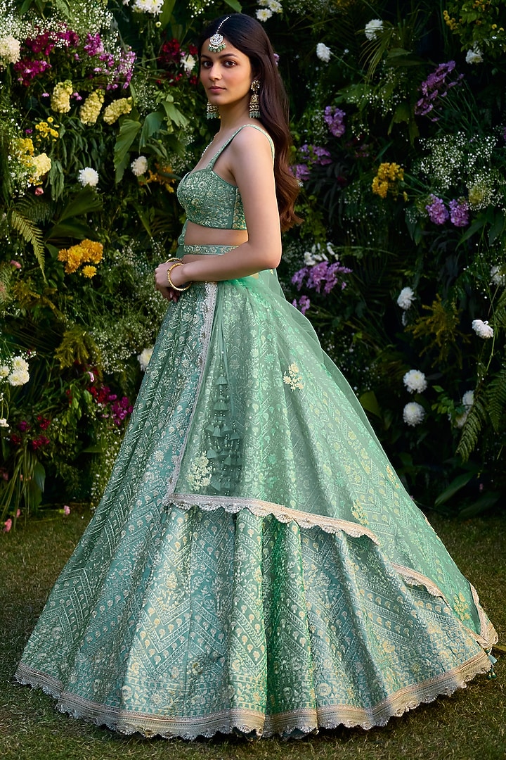 Vivid Green Raw Silk Zari Dori Embroidered Wedding Lehenga Set by Shyam Narayan Prasad at Pernia's Pop Up Shop