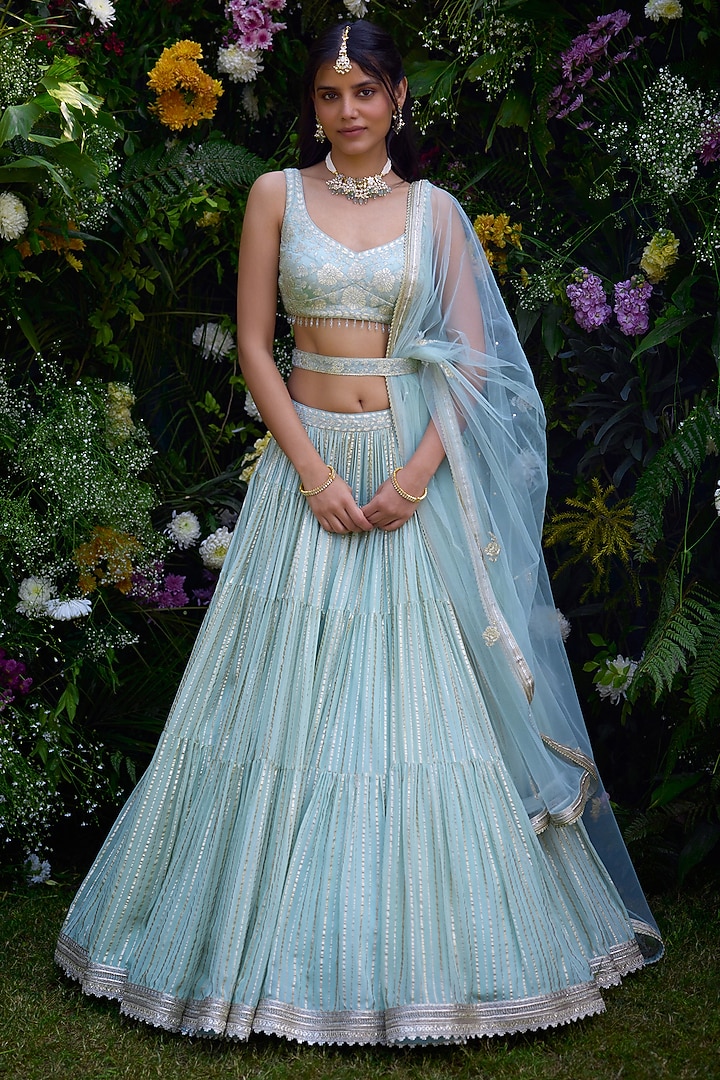 Morning Mist Blue Satin & Brocade Thread Embroidered Wedding Lehenga Set by Shyam Narayan Prasad at Pernia's Pop Up Shop