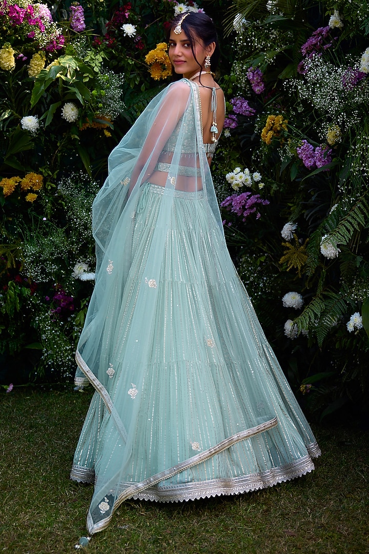 Morning Mist Blue Satin & Brocade Thread Embroidered Wedding Lehenga Set by Shyam Narayan Prasad at Pernia's Pop Up Shop
