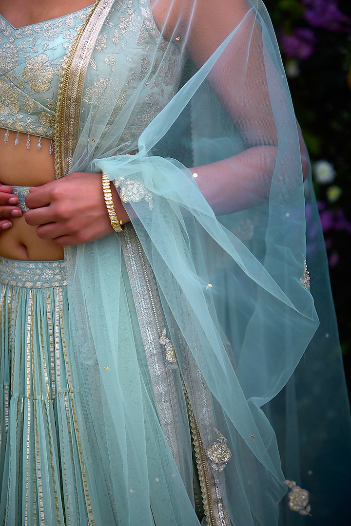Morning Mist Blue Satin & Brocade Thread Embroidered Wedding Lehenga Set by Shyam Narayan Prasad at Pernia's Pop Up Shop