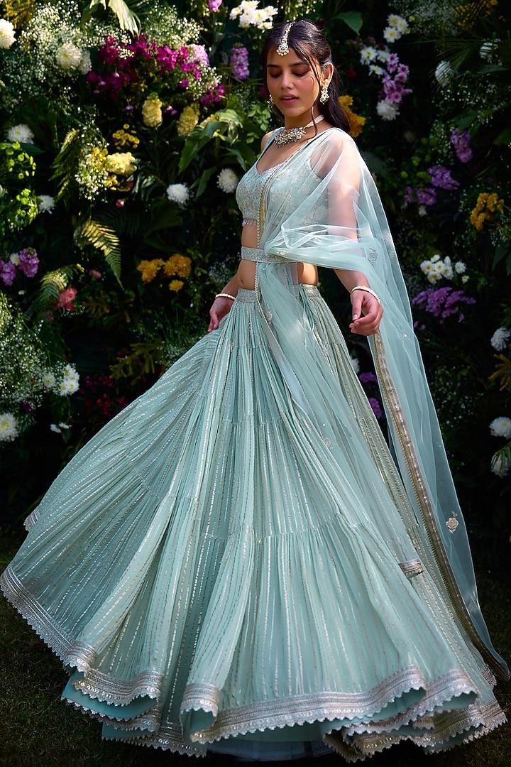 Morning Mist Blue Satin & Brocade Thread Embroidered Wedding Lehenga Set by Shyam Narayan Prasad at Pernia's Pop Up Shop