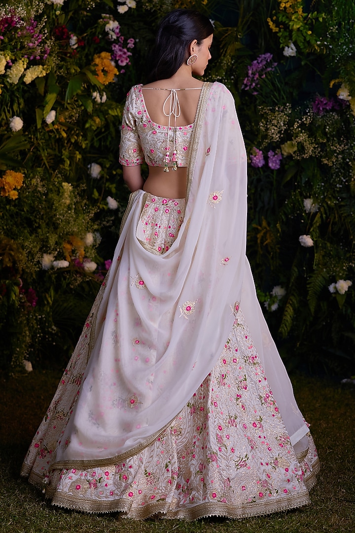 Ivory Modal Satin Block Printed & Gota Embroidered Wedding Lehenga Set by Shyam Narayan Prasad at Pernia's Pop Up Shop